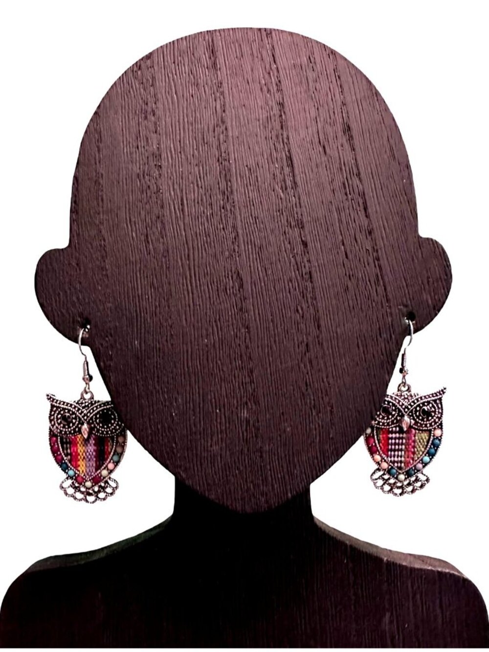 Owl Dangle Earrings Boho Style Silver Tone Beaded Details Filigree Face NWOT